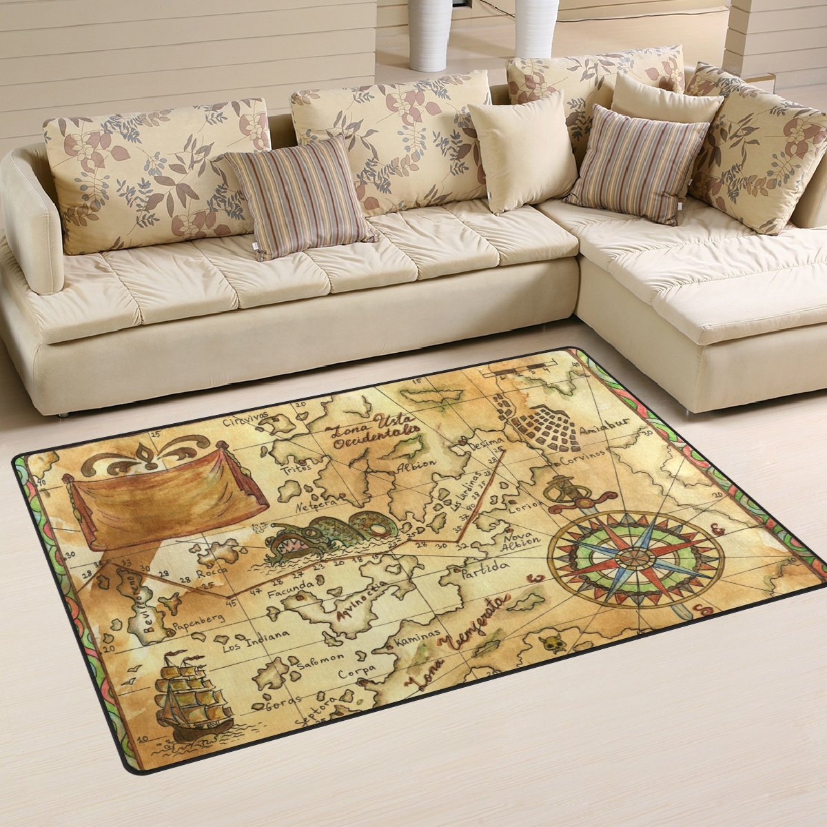 coosun Old Pirat Karte mit Wind Rose Bereich Teppich Teppich rutschfeste Fußmatte Fußmatten für Wohnzimmer Schlafzimmer 152,4 x 99,1 cm, Textil, multi, 60 x 39 inch