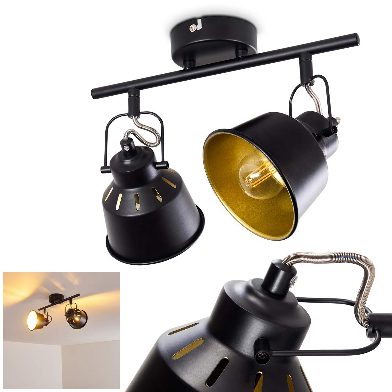 Deckenleuchte Safari, Deckenlampe aus Metall in Schwarz/Gold, 2-flammig, mit verstellbaren Strahlern, 2 x E14-Fassung, Spot im Retro/Vintage Design, ohne Leuchtmittel