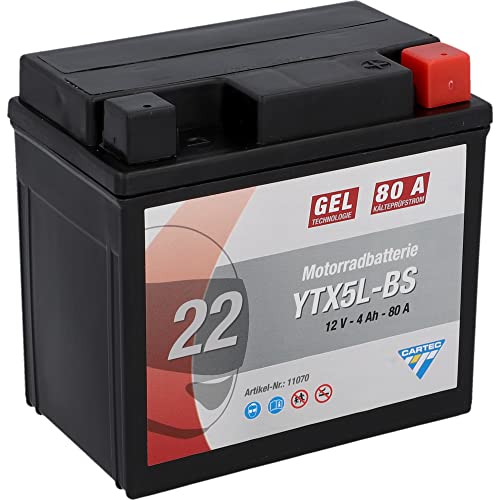 CARTEC Motorradbatterie YTX5L-BS 4Ah 80A Gel Technologie Batterie Erstausrüsterqualität zyklenfest lagerfähig wartungsfrei