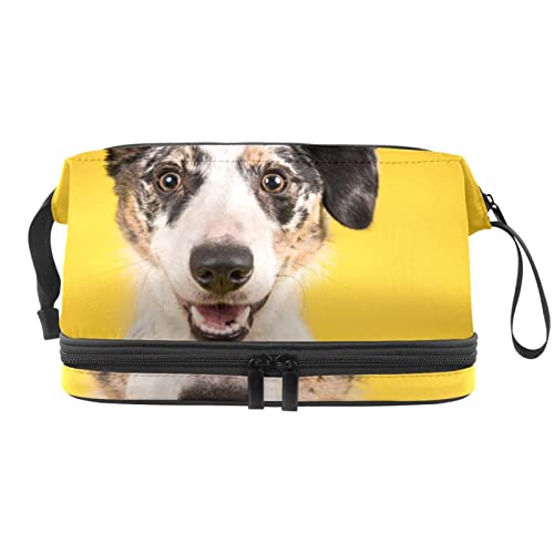 Make-up-Tasche, große Kapazität, Reise-Kosmetiktasche, lustiger weißer Hund gelber Hintergrund, Mehrfarbig, 27x15x14 cm/10.6x5.9x5.5 in