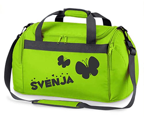 Kinder-Sporttasche mit Namen Bedruckt | Personalisierbar mit Motiv Schmetterling | Reisetasche Duffle Bag für Mädchen in Pink, Blau (Grün)