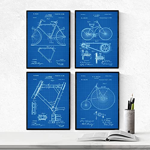 BLAU - Nacnic Fahrrad Patent Poster 4er-Set. Vintage Stil Wanddekoration Abbildung von Sports und Alte Erfindungen. Verschiedene atletische Fitness Bilder ohne Rahmen. Größe A4.