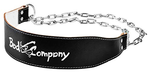 Bad Company Dip Gürtel aus Leder I Gewichtsgürtel mit Stahlkette und Karabinerhaken für das Oberkörpertraining I Gewichtsbelastung bis zu 100 kg I Schwarz