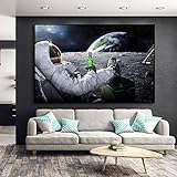 Nordisches Plakat Biere Weltraum Leinwandbilder Erdastronauten Entspannen auf Mond Wandkunst Plakat Bilder Wohnzimmer Wohnkultur 70x100cm / 27,6"x39,4 Rahmenlos