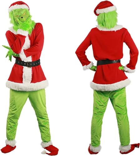 Weihnachtsmann-Outfit, generische Weihnachts-Grinch-Kostüme for Erwachsene, 7-teilig, grüner Monster-Weihnachtsmann-Anzug, Cosplay-Urlaubsset, Weihnachtsanzug mit Maske, Mütze, Mantel, Gürtel, Hose, S