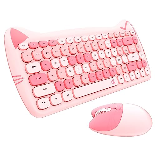 Yunseity Kabellose 2,4-G-Tastatur- und Maus-Kombination, Niedliche Katzenform, Retro-Bunte Kompakte Tastatur, für Windows, OS X, Android-System(Pulvermischung)