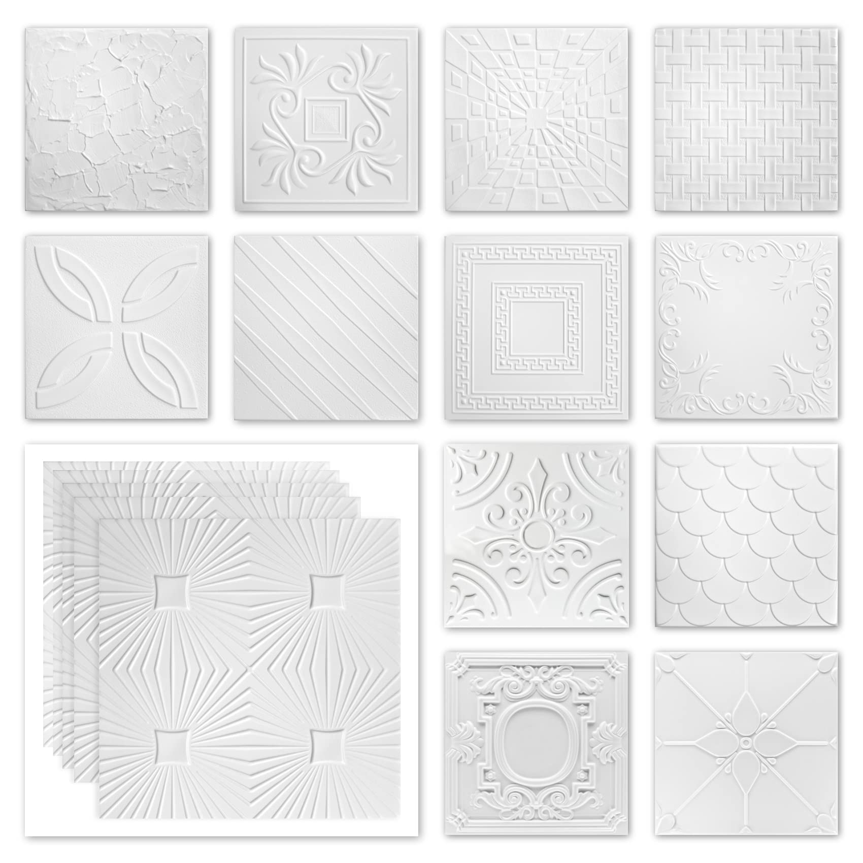 Deckenplatten aus Styropor XPS - Weiße Dekorplatten leicht & formfest - (10QM Sparpaket NR.30 50x50cm) Feuchtraum Decke Wand Deckenverkleidung weiß