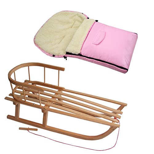Kombi-Angebot Holz-Schlitten mit Rückenlehne & Zugseil + universaler Winterfußsack (90cm), auch geeignet für Babyschale, Kinderwagen, Buggy, Lammwolle Uni (rosa + Schlitten)