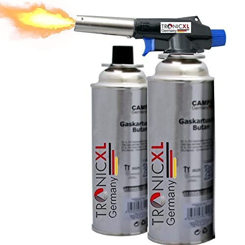 TronicXL Hand Unkrautbrenner + 2 Kartuschen Butangas - Unkrautvernichter Gasbrenner Abflammgerät Gas Unkrautverbrenner Flammenwerfer mit Piezo Zündung