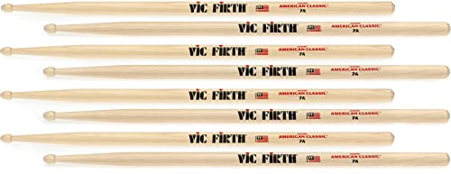 Vic Firth American Classic Series Drumsticks - 7A - American Hickory - Holz Tip - Natur- 4 Paar Value Pack