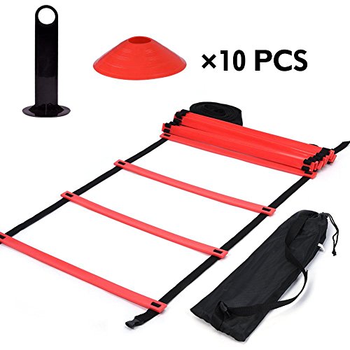 Geschwindigkeit Agility Train Kit, 19Ft Flache Leiter + 10 Stück Disc Cones Speed ​​Training Leiter mit Aufbewahrungstasche für Athletic Training(Rot)