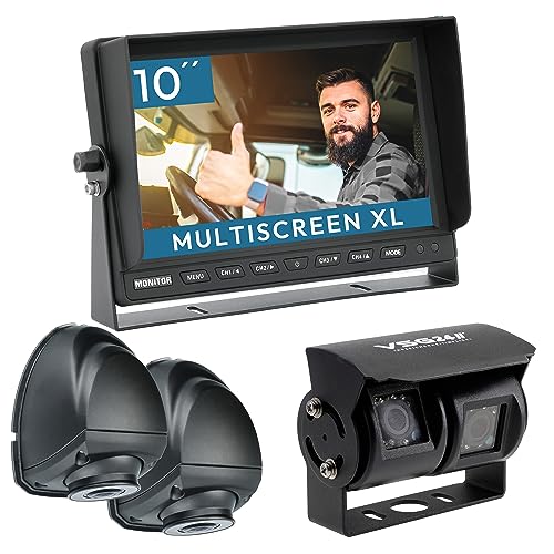 VSG24 HD Doppellinsen Rückfahrkamera 10" RUNDUMBLICK-XL Set inkl. 720P HD Doppellinsen und Seiten-Kamera, Monitor, Kabel - IP69 - Nachtsicht 12V-24V Einfache Montage/Rückfahrsystem für Wohnwagen LKW