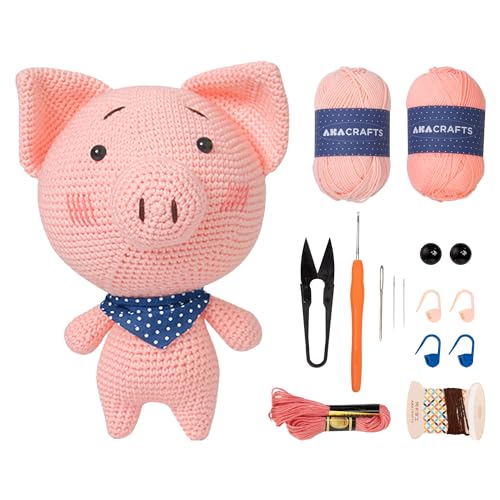Akacraft Amigurumi Häkelset für Anfänger Erwachsene, Lernen Sie Häkeln Kits mit Video Tutorials, Hand Handwerk Hobbys Set für Frauen, DIY Tier Piggy