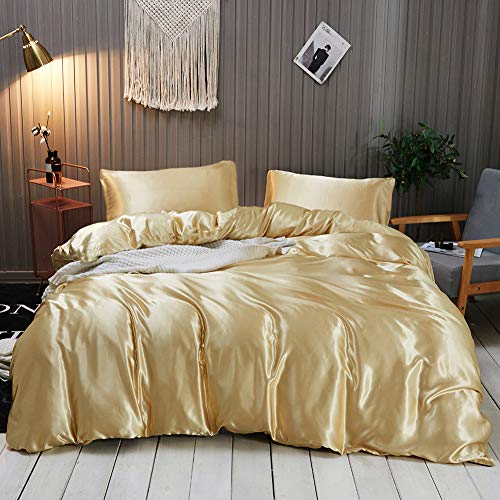 Omela Satin Bettwäsche Set 155x220 Gold Einfarbig Unifarben Glänzend Bettbezug mit Reißverschluss 100% Glanzsatin Polyester Glatt Angenehm Sommerbettwäsche und Kissenbezug 80x80 cm