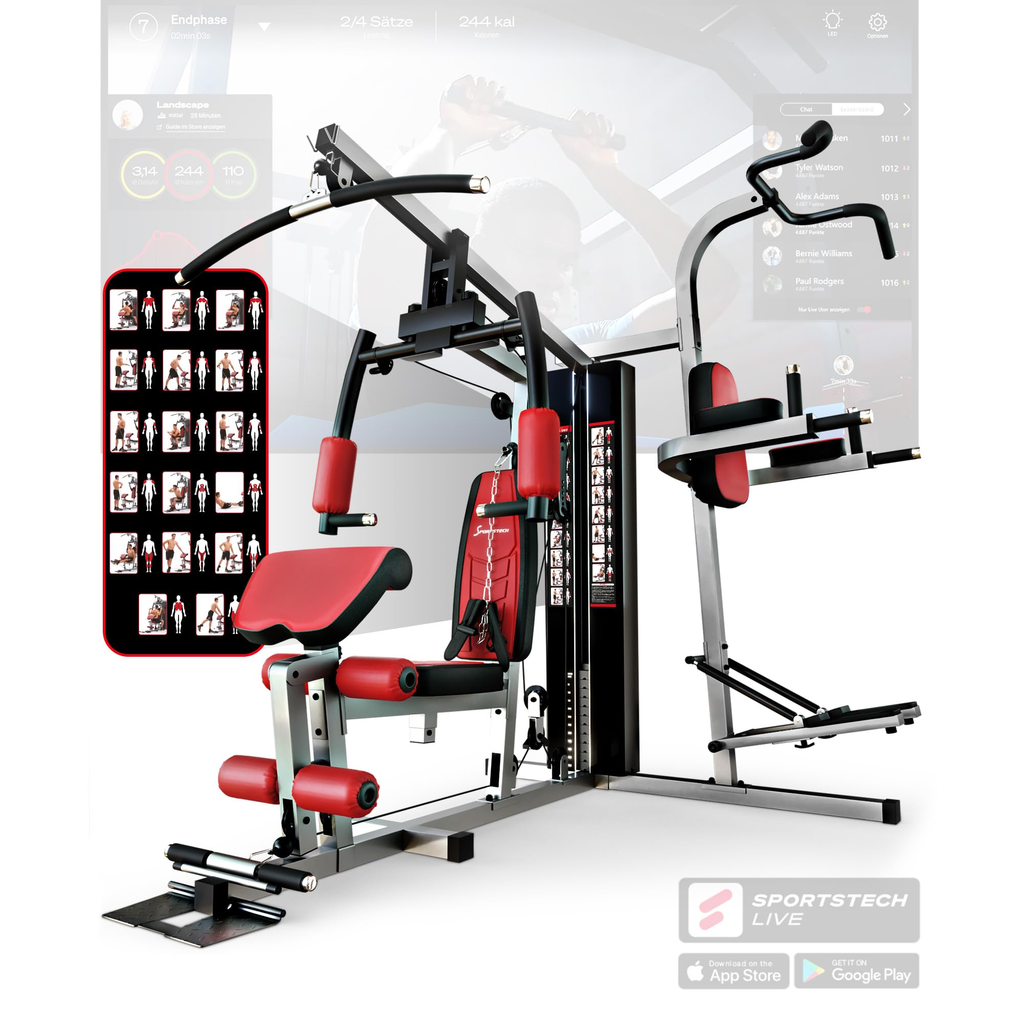 Einzigartige Premium Kraftstation HGX100/HGX200/HGX300 für unzählige Trainingsvarianten, Sportstech Multifunktions-Homegym mit Stepper oder Beinpresse, Fitnessstation aus Eva Material für Zuhause