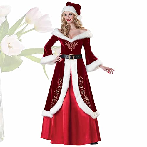 Virtcooy Weihnachtskleid - Weihnachtskönigin Kleid - Weihnachtsmann Gürtel und raue Kanten, tiefer V-Ausschnitt mit Hut für Weihnachtskönigin Cosplay
