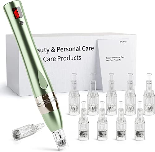 Microneedling Pen Elektrisch Derma Pen 0-2,5mm mit LCD Bildschirm und 5 stufen, Micronadeln Pen für Gesicht Hautverjüngung, Anti Akne, Anti Falten(Inkl.12 köpfe Patronen)