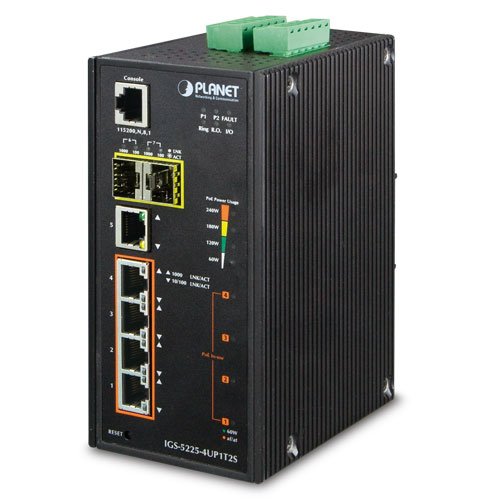 Planet IP30 Industrial L2+/L4 4-Port 60W 1000T Ultra PoE+ 1-Port, IGS-5225-4UP1T2S (60W 1000T Ultra PoE+ 1-Port 1000T + 2-Port 100/1000X SFP Full Managed Switch (-40 to 75 C, dual redundant)