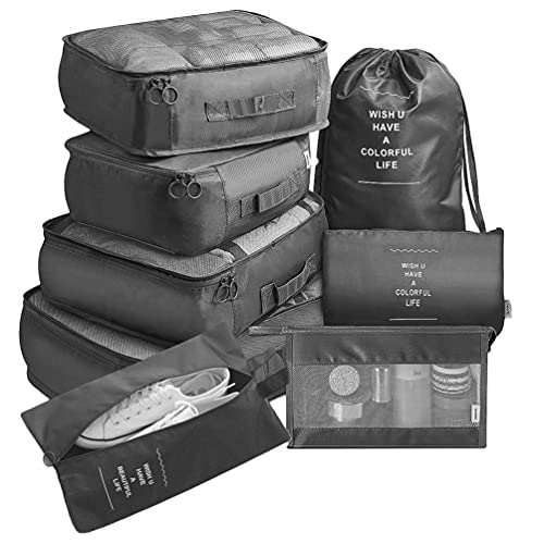 Ketamyy 8 Teilige Koffer Organizer Set Packwürfel Reisegepäck Packing Cubes Reise Tasche Kleidertaschen Kofferorganizer für Kleidung Kosmetik Shoe Camping Schwarz/A