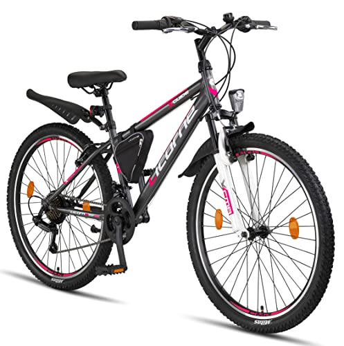 Licorne Bike Guide Premium Mountainbike in 20 24 26 Zoll Fahrrad für Mädchen Jungen Herren und Damen - 21 Gang Schaltung (bei 20 Zoll 18 Gänge) (Anthrazit/Rosa, 26)