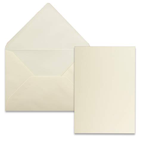 75 Stück Karte mit Umschlag Set - Einzel-Karten Din A5-14,8 x 21 cm vanille mit Brief-Umschlägen Din C5-15,4 x 22 cm vanille - Nassklebung