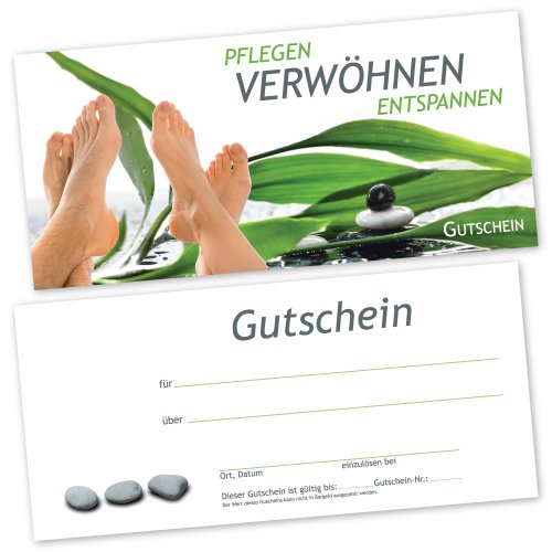 50 Fußpflege – Gutscheinkarten FUß RELAX mit weißtransparenten Umschlägen Gutscheine Geschenkgutscheine