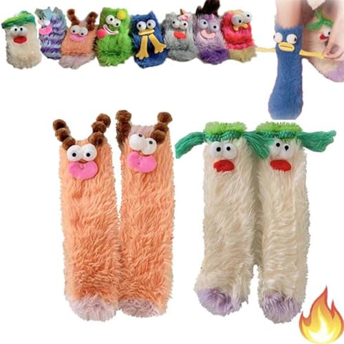 2Paar Warme,gemütliche,flauschige Cartoon-Monster-Socken,dreidimensionale,schrullige Socken aus Korallensamt,lustige flauschige Kuschelsocken für den Winter,Geschenk für Weihnachten und Neujahr (D)