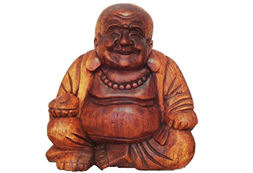 Ciffre Großer Happy Buddha Holz geschnitzt Sitzend Bali Massiv 20cm Fair Trade