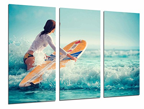 Wandbild - Weiblicher Surfer im Meer, Depote, Mädchen, 97 x 62 cm, Holzdruck - XXL Format - Kunstdruck, ref.26700