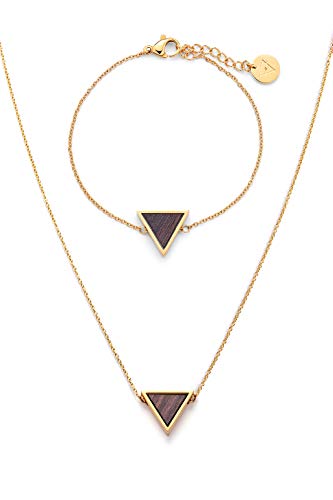 Kerbholz Holzschmuck – Schmuckset Triangle Gold, Geometrics Collection, hochwertige Damen Halskette und Armband mit Dreieck Anhänger, Schmuck aus Naturholz