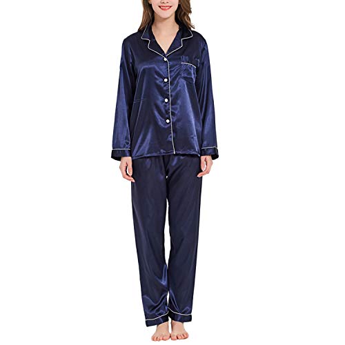 Ladieshow Damen Pyjamas Satin Schlafanzug Lange Ärmel Sleepwear Zweiteiliger PJ Set