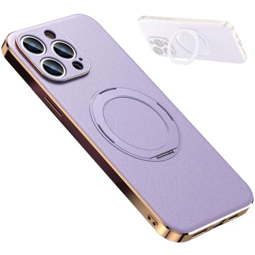 QANXGOG Hülle für iPhone 14/14 Pro/14 Pro Max, Ultradünnes Leder mit 360° Verstellbarem Ständer, Fallschutz in Militärqualität, Echte Lederverarbeitung,Light Purple,14 Plus