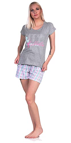 Good Deal Market Kurzer Damen-Pyjama Baumwolle Grösse 44-46, grau mit Karierter Hose kurzer Schlafanzug für Frauen kurz Kurze Hose Damen Shorty Baumwolle