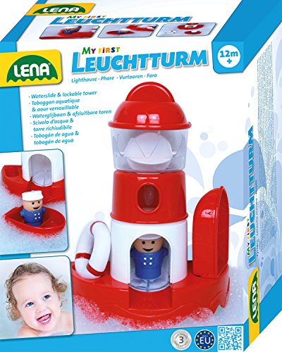 Lena 65472 - Wasserspaß Leuchtturm, Badespielzeug aus Kunststoff, Spielset mit Leuchtturm, Spielfigur, Rettungsring und Boot, Wasserspielzeug Set für Kleinkinder ab 1 Jahr, Badewannenspielzeug