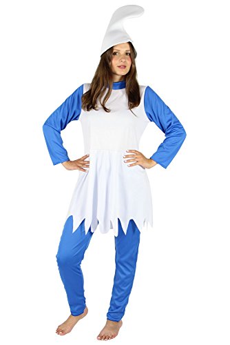 Foxxeo Blaue Zwergin Kostüm für Damen Karneval Fasching Märchen blau weiße Mütze Größe L