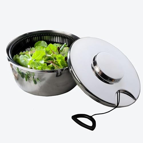 Hagen Grote Edelstahl Salatschleuder, hochglänzend, 4 Liter, Ø 24 cm, 11,5 cm hoch, mit Seilzug, trocknet Salate schnell und effektiv