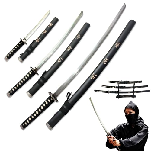 Swords and more Samurai Schwert Set, Samurai 3er Set Samurai Schwerter, Edelstahl, Schwert Metall, Katana Set mit Katana, Wakizashi & Tanto – Katana Schwert, inklusive Schwertständer, als Samurai Deko
