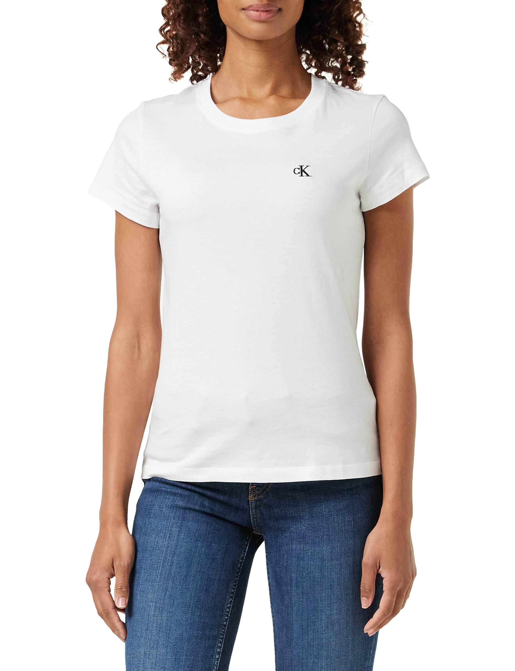 Calvin Klein Jeans Damen T-Shirt Kurzarm Ck Embroidery Rundhalsausschnitt, Weiß (Bright White), XS