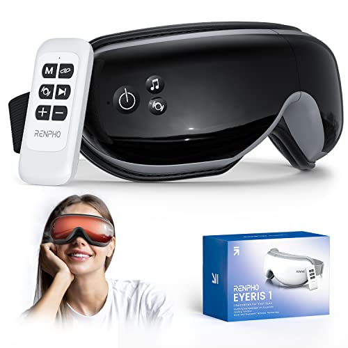 RENPHO [Aktualisiert] - Augenmassagegerät mit Fernbedienung und Heizung, Komprimierung Bluetooth-Musik Wiederaufladbares Augentherapie-Massagegerät zur Linderung Verbessern Sie den Schlaf--Schwarz