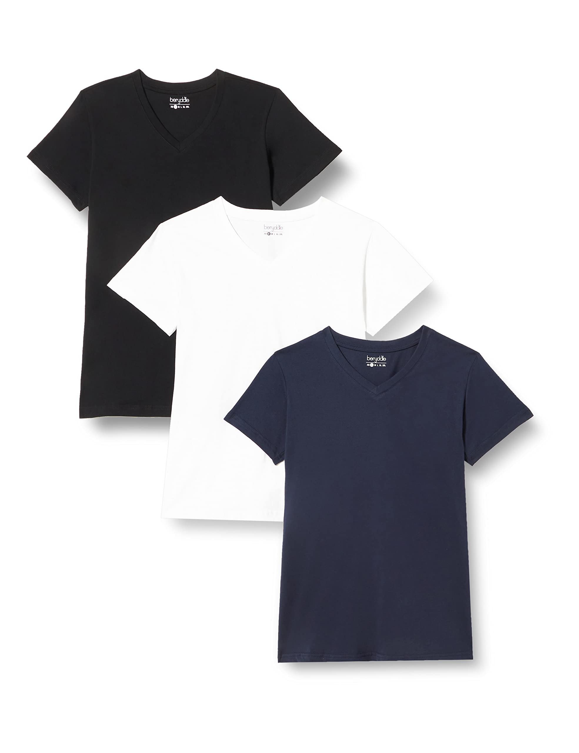 berydale Damen T-Shirt Bd158, Weiß/Dunkelblau/Schwarz - 3er Pack, XS