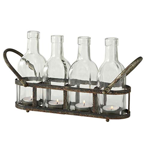 ReWu Teelichthalter Windlicht aus rostigem Metall mit 4 Klar Glas Flaschen im Vintage Industrial Look