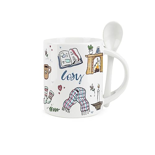 Heiße Schokolade Tasse und Löffel Set – Cosy Snuggly Comfy – Keramik Weiß Kaffee/Tee Tasse mit Löffel im Griff