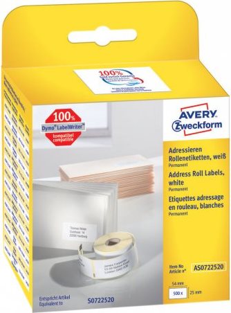 Avery Zweckform - Permanent adhesive rectangular paper address labels - weiß - 25 x 54 mm 500 Etikett(en) (1 Rolle(n) x 500) (AS0722520)