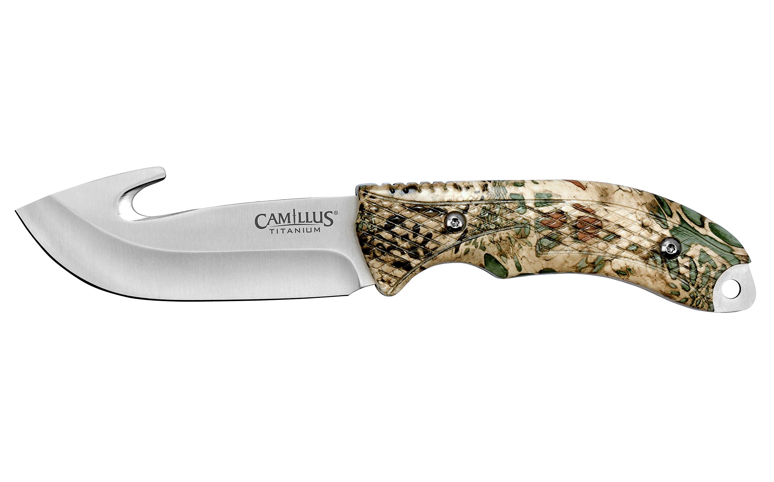 Camillus 19834 Veil Messer mit Haken, inklusive ballistischer Nylonscheide, 10,2 cm Titanium Bonded 420 Stahlklinge, PRYM1 Griff, Silber/Tarnfarben, 22,9 cm