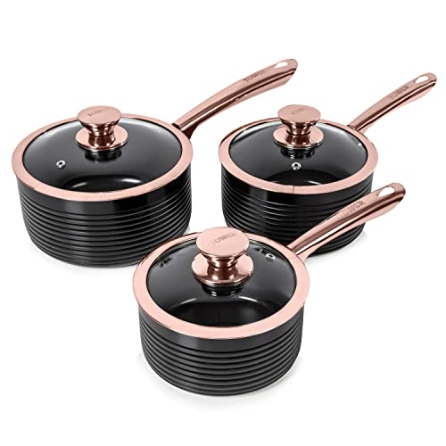 Tower T800001RB Linear Rose Gold 3 Piece Saucepan Set with Non-Stick Coating, 16cm, 18cm and 20cm, Black and Rose Gold