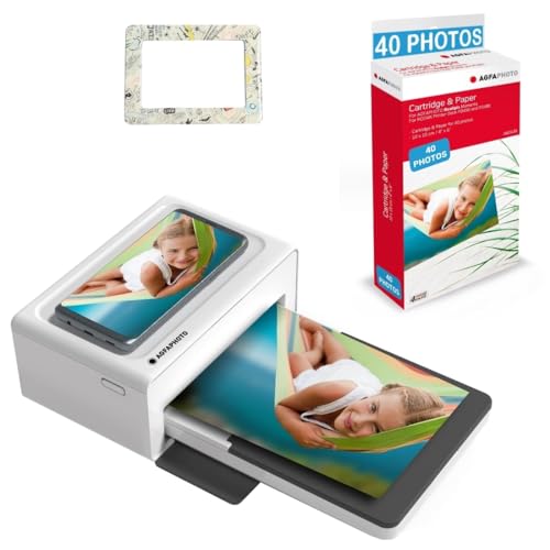 AGFA Photo Realipix Moments Printer Pack + Patronen und Papier für 40 Fotos + Hübscher Magnetrahmen - Bluetooth Photo Printing 10x15 cm, iOS und Android, 4Pass Thermal Sublimation - Weiß