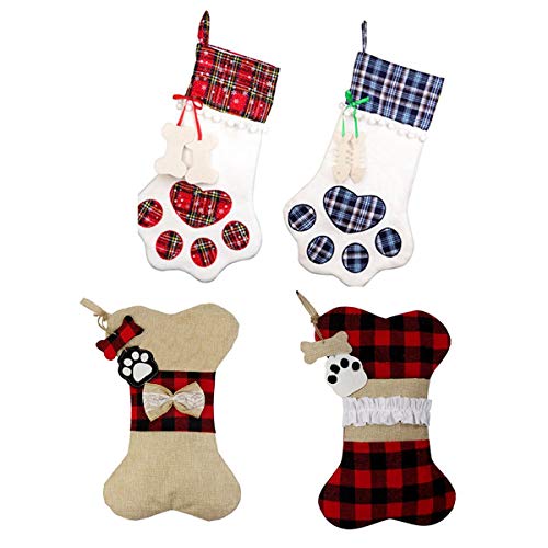 Obahdirry 4er Set Weihnachtssocken Geschenktüten Hund Weihnachtssocken Gitterstoff Knochen Socken