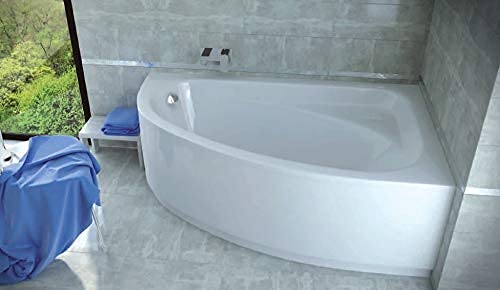 ECOLAM Badewanne Eckbadewanne Acryl Cornea weiß 140x80 cm RECHTS + Schürze Ablaufgarnitur Ab- und Überlauf Automatik Füße Silikon Komplett-Set