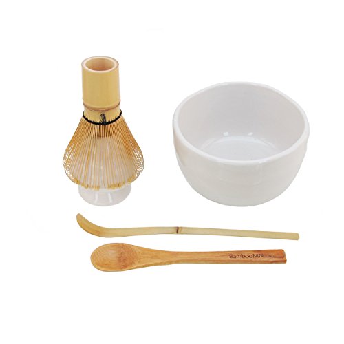 BambooMN Marke – Matcha-Schüssel-Set (inkl. Schüssel, Rest, Tee-Schneebesen, Chasaku und Teelöffel), 1 Set, Weiß