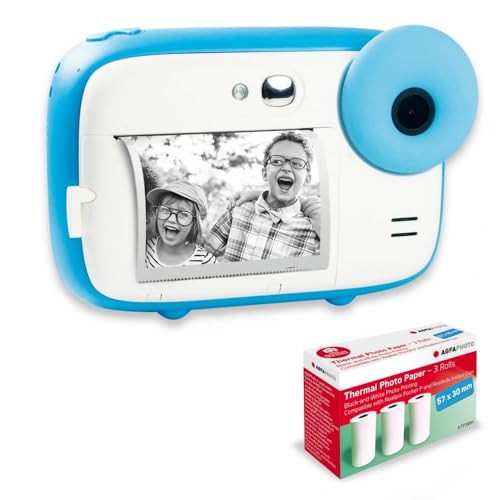 AGFA PHOTO Realikids Instant Cam + 3 Rollen Thermopapier, ATP3WH – Sofortbildkamera für Kinder, LCD-Display 2,4 Zoll, Lithium-Akku, Selfie-Spiegel und Fotofilter – Blau